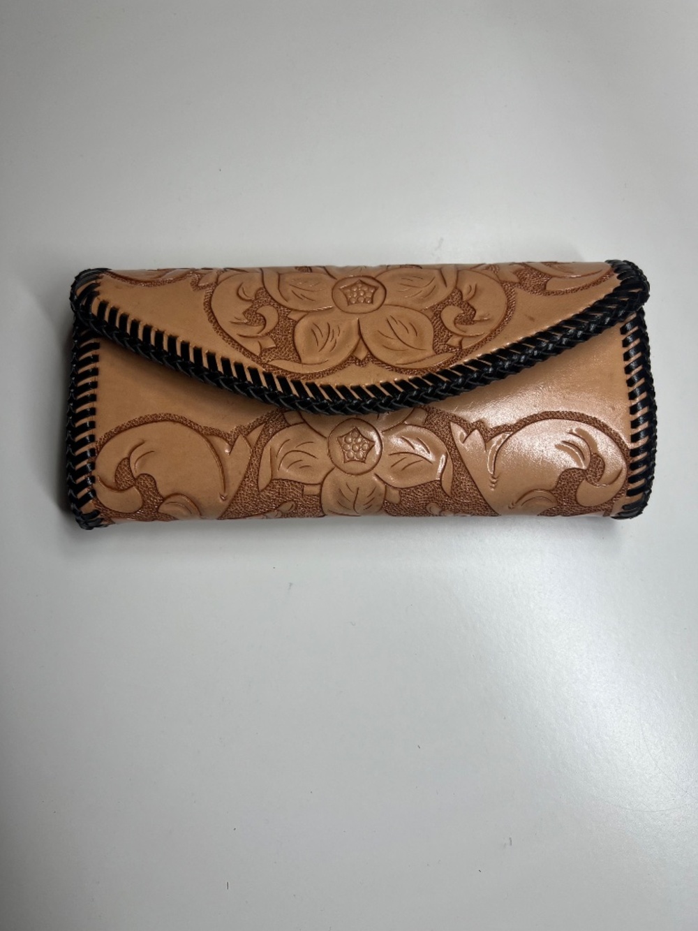 Vintage Hand Tooled Floral Leather Long Wallet Clutch Black Suede Lined Western
